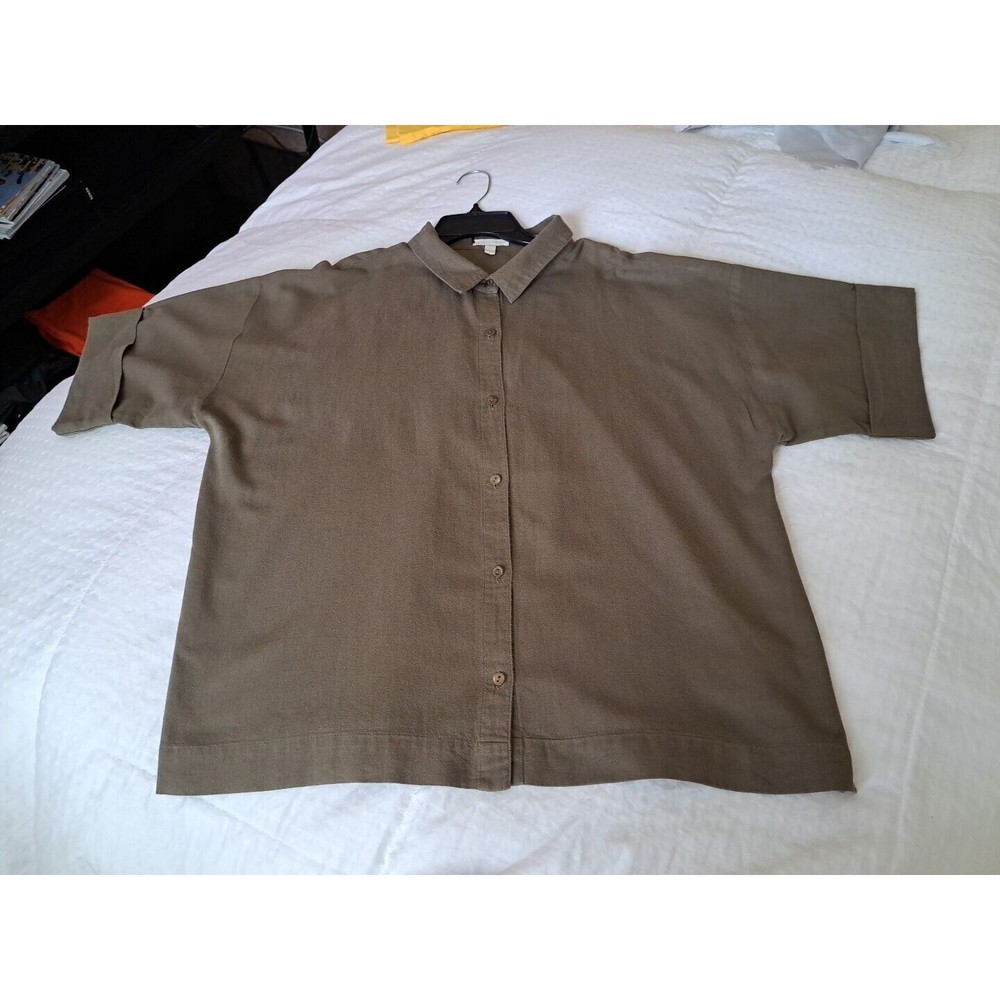 Eileen Fisher Button Down Shirt Military Green Organic Cotton Linen & Ramie...